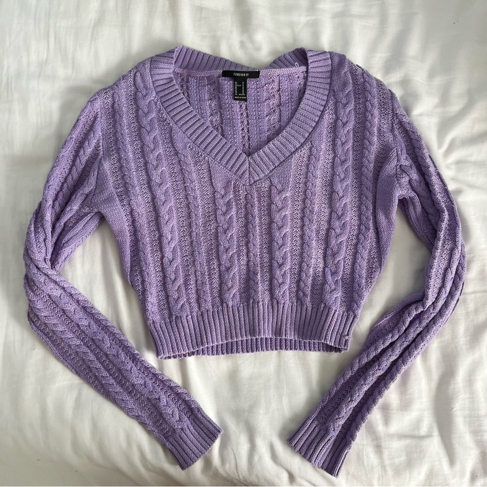 Forever 21 Light Purple / Lilac V-Neck Cropped Cable Knit Sweater